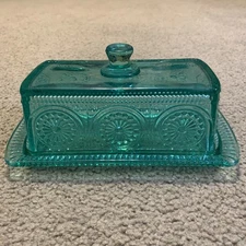 The Pioneer Woman Adeline Teal Glass Butter Dish Embossed Vintage Style