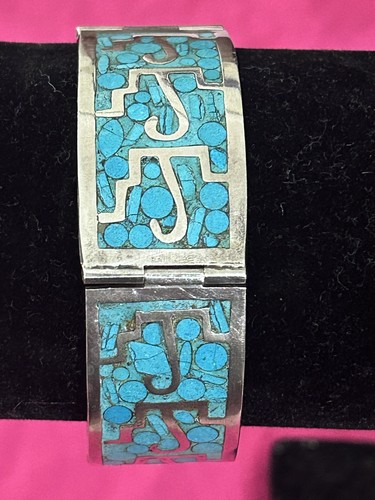 Vintage Taxco MEXICAN sterling Silver Turquoise Inlay Bracelet - Signed