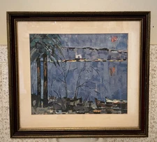 Midcentury GOUACHE PAINTING Signed DATED impressionist Marine BOATS Modernist