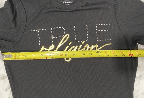 True Religion Top T-Shirt Women's Size Medium Black Silver Gold Spell Out - Picture 12 of 16