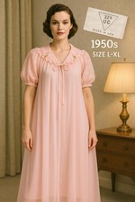 Vintage 1950s Sheer Pink Nylon Peignoir Robe Lace Puff Sleeves Rosebuds L/XL USA