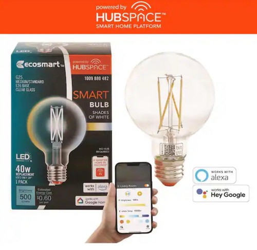 2 PACK EcoSmart Smart G25 Clear Tunable LED Bulb Voice Control HUBSPACE *NEW* - Picture 2 of 10