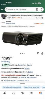 Optoma TH1060 DLP Projector 3600 Lumen 1080p 1920 x 1080 Black Desktop