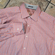 Bugatchi Uomo Mens Classic Fit Button Down Shirt Orange Blue Gingham Long Sleeve