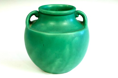 Vase ancien en faïence Awaji émail vert mat arts et métiers marqué - Photo 1/9