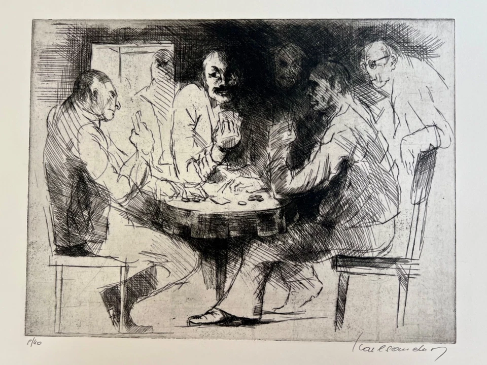 Juego de Poker, Impresión Surrealista Intaglio Blanco y Negro, Años 70, Firmado, Numerado Foto 2 de 4