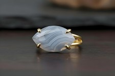 Blue Lace Agate Ring Anemone Handmade 14k Gold Vermeil Marquise Cut