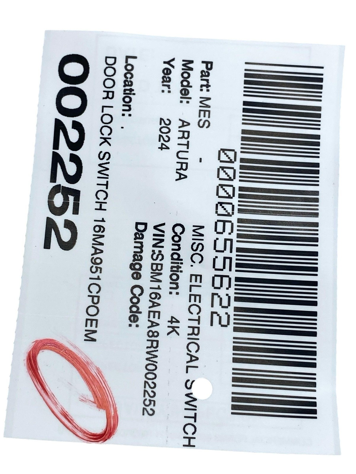 2024 MCLAREN ARTURA DOOR LOCK SWITCH 16MA951CP OEM