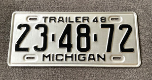 RARE 1948 TRAILER MICHIGAN LICENSE PLATE VERY NICE ALL ORIGINAL PAINT WOW