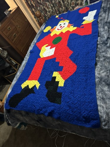 Vintage Handmade Crochet Knit Clown Juggler Blanket Afghan 74” X 40” WOW 🔥 - Picture 2 of 10