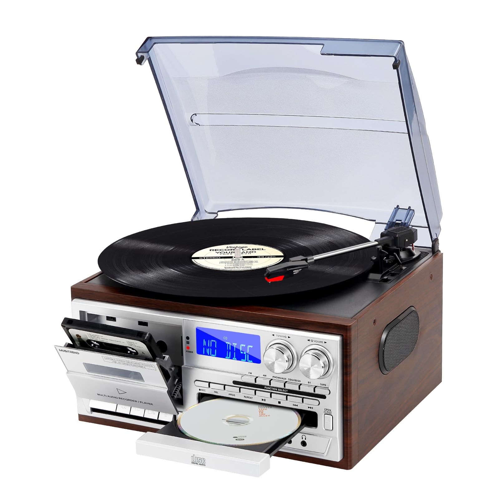 9-in-1 Vintage Bluetooth Turntable with 3 Speeds CD Cassette Vinyl Player-image