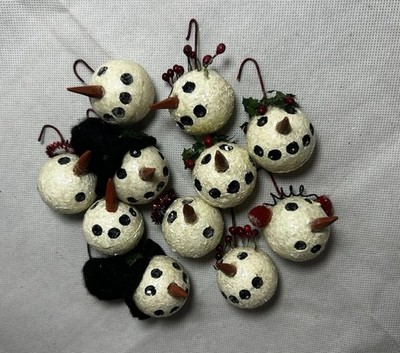 Primitive Rustic Snowman Head Christmas Ornaments Set Of 11 Textured Glitter 2 