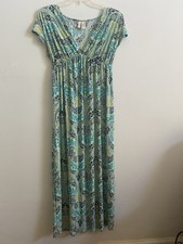 Ambrielle Blue Green Navy Floral Maxi Dress V-Neck Short Sleeve M/M