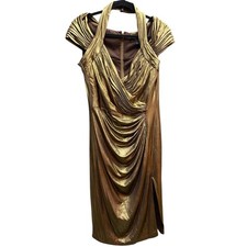 Tadashi Metallic Gold Draped Evening Dress - Women