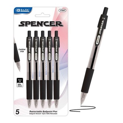 BAZIC Spencer Black Retractable Pen w/ Cushion Grip (5/Pack), pack of 24