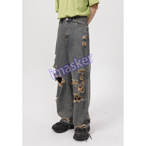 Pantalones de mezclilla informales desgastados rasgados para hombre Pantalones ropa de calle regulares largos - Imagen 1 de 28