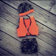 Crochet Newborn Baby Camo Hunters Orange Hat, Diaper Cover, Vest Photo Prop Set