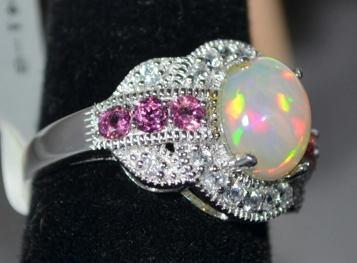 JTV ETHIOPIAN OPAL PINK TOURMALINE WHITE ZIRCON SIZE 6 RING RHOD STER SILVER