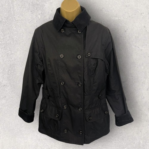 Barbour Womens Black Double Breasted Waxed Cotton Jacket Cord Collar Cuff UK 12