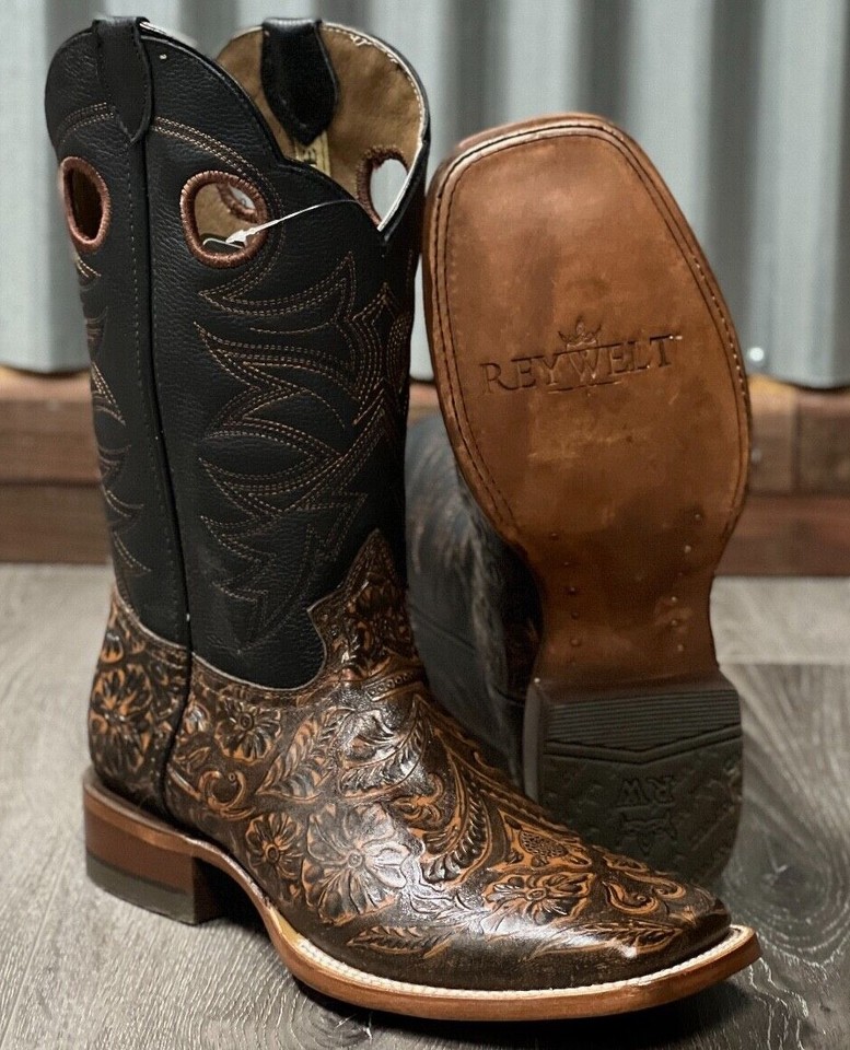 MEN'S RODEO COWBOY BOOTS HAND TOOLED LEATHER WESTERN SQUARE TOE BROWN ...