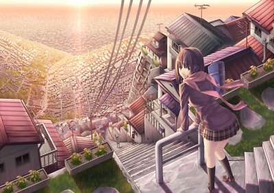 Anime brunette short hair bird039s eye view sunset Custom Gaming Mat Desk