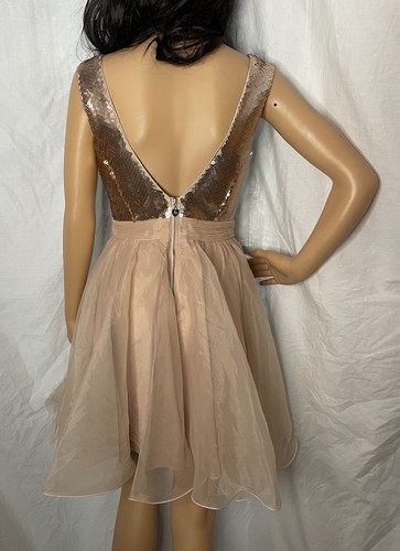 Lypsy Y2K Champagne Colour Baby Doll Dress, Sequin Bodice/Chiffon Skirt Size 8 - Picture 5 of 12