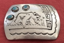 Vintage Sterling Silver Native Signed Rosco Scott Bear Turquoise Belt Buckle