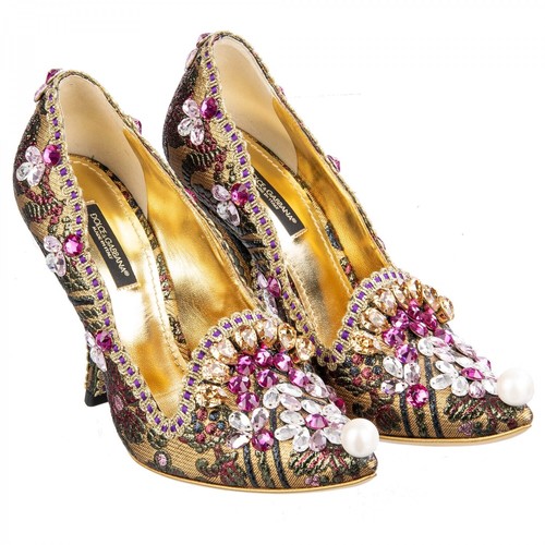 DOLCE & GABBANA Lurex Jacquard Crystals Pumps Heels ALADINO Gold Pink 09035 - Picture 2 of 8