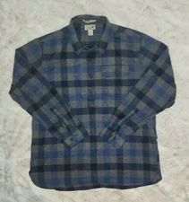 LL Bean Flannel Shirt Blue/Gray Plaid 1/4 Button Up Long Sleeve Men's L #294206
