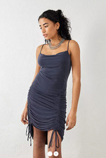 BNWT £52 Urban Outfitters Hanna Cupro Ruched Mini Midi Dress L Black