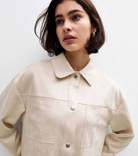 New Look Connie Cropped Suedette Jacket UK 16 Stone New Unlined - Picture 2 of 4