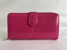 Pink Bifold Zipper Clutch Purse, PU Leather Textured Wristlet Wallet