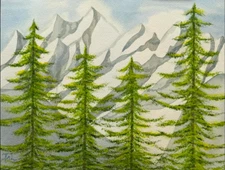 PAINTING WATERCOLOR 11X14 & MAT 16X20 EVERGREEN TREES MOUNTAINS WINTER LANDSCAPE