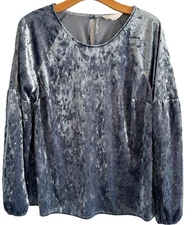 Lauren Conrad Blouse Size L Blue Velvet Crewneck Women Blouse