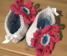 Pink and Gray Hand Crochet Slippers, 9-12 Months