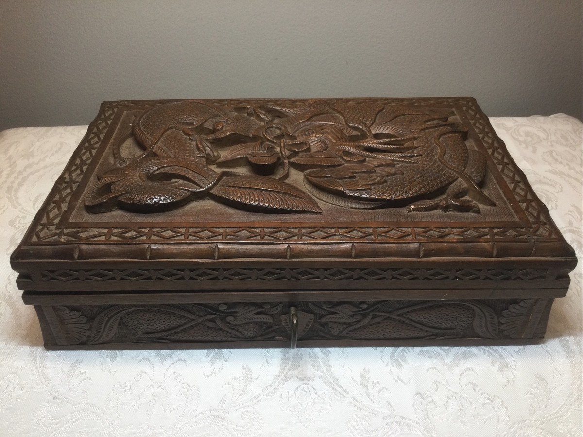 Antique Chinese Handcarved Dragon Wood Large Box Raised Hollow