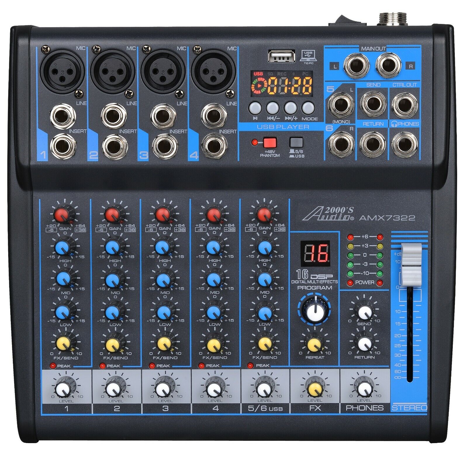Audio2000s AMX7322 6-Ch.Audio Mixer w/USB Interface,Sound Effects& Bluetooth-MR