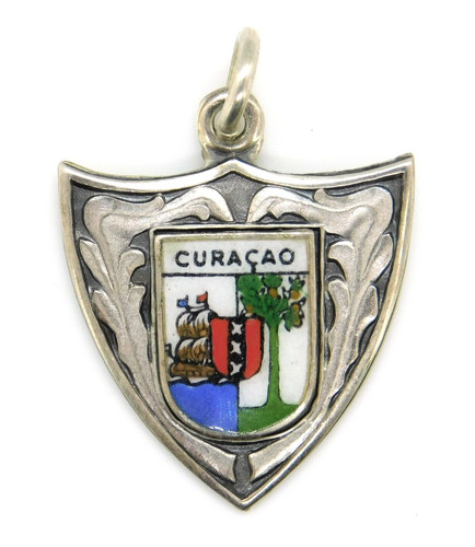 Vintage Curacao Shield Crest 925 Sterling Silver & Enamel Travel Charm Pendant
