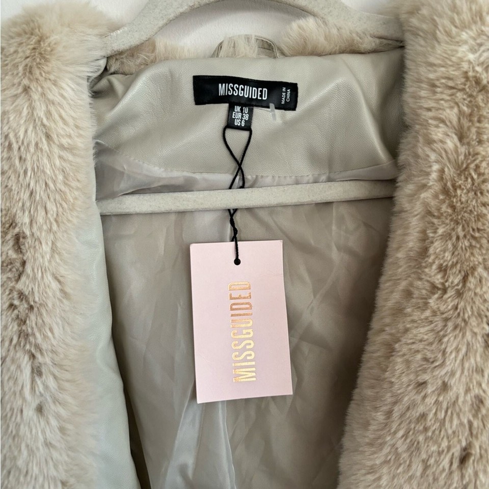 NWT Misguided 6 Faux Fur Leather Cream Long Jacket eBay