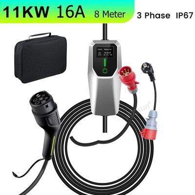 11KW Typ 2 Elektroauto Ladegerät 16A 3-Phasen Mobile Wallbox 8m Kabel IP67 LCD