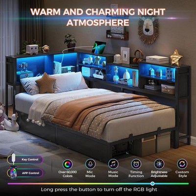 Corner Twin Bed Frame Daybed with Bookcase Storage,Led Lights,Charging Station