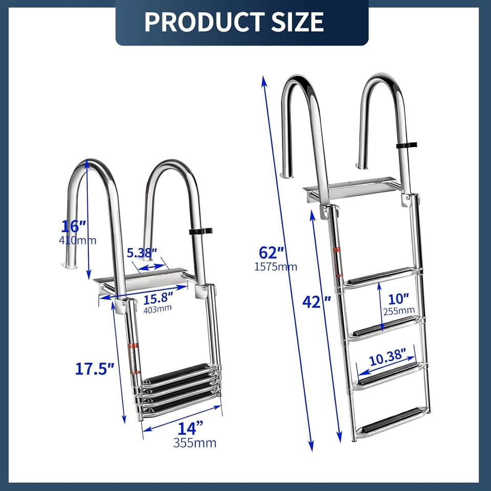 4 Steps Boat Ladder Folding Stainless Steel Rear Entry Pontoon Boat Ladder  - image 3 of 4