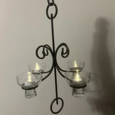Danish Wrought Iron Chandelier Mid Century Modern with Glass Candle Holder Light