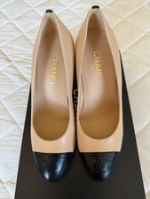 Chanel Classic Pumps Beige Lambskin With CC Embossed Black Cap Toe Size 38.5