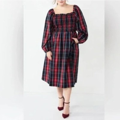 NWT Draper James Plaid Square Neck Long Sleeve Smocked Midi Dress 2X