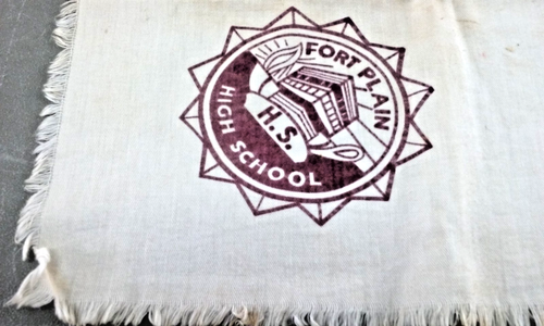 1950's Fort Plain, NY High School Logo White Cotton Scarf w Fringe Edge 28"x34" - Picture 2 of 12