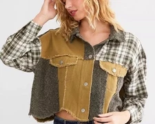 Miss Me Destructed Denim Cropped Jacket Pieced Plaided Flannel Crochet Med NWNT