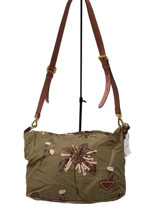 PRADA Triangle Plate Shoulder Bag Nylon BRW Brown Floral Flower Print