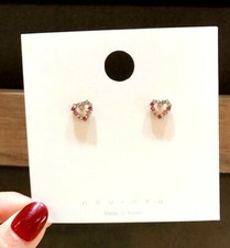 Tiny Gold Love Heart Pave Pink Cubic Zirconia Stud Earring