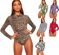 WOMENS LADIES LONG SLEEVE PRINT PATTERN HIGH TURTLE NECK BODYSUIT LEOTARD TOP